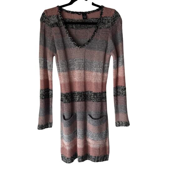 Striped Sweater Dress Y2k Small Knit Long Sleeve‎ Pocket Tunic Top Grunge Fall - Picture 1 of 7